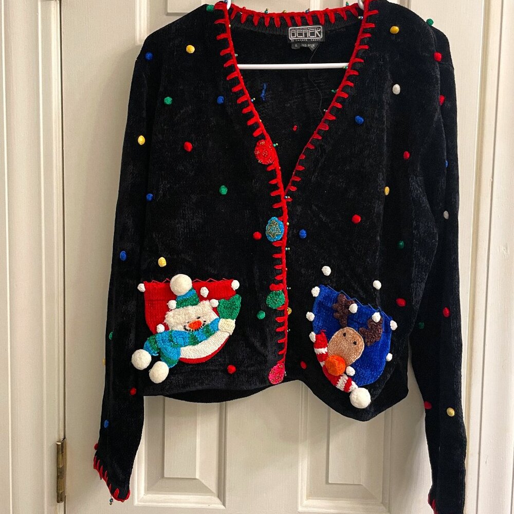 Vintage Berek  by Takoko Sako Black Velvet Pom Pom Ugly Christmas Cardigan